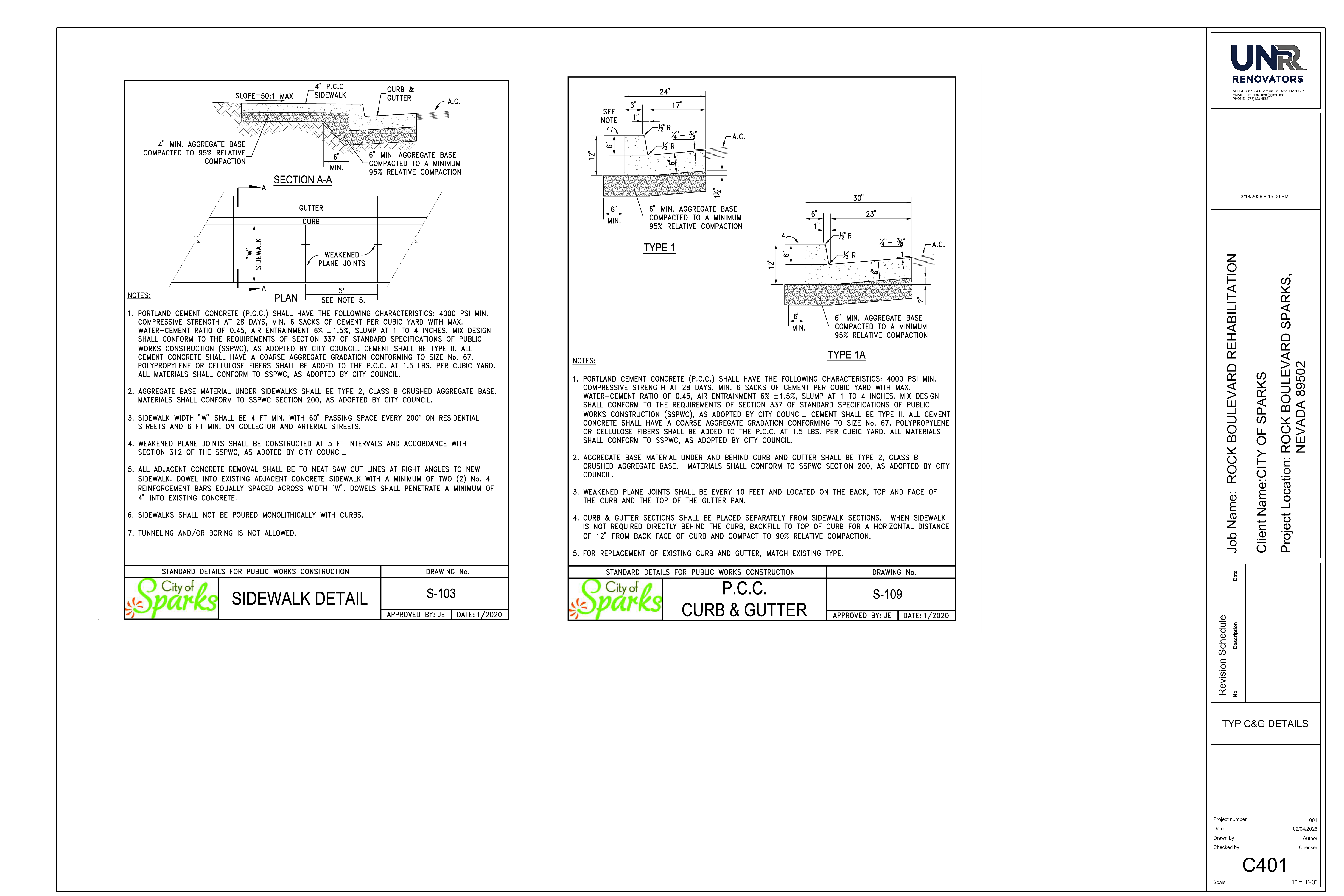 C401 - Typical Curb and Gutter Details with Sidewalk Detail S-103 and P.C.C. Curb & Gutter S-109