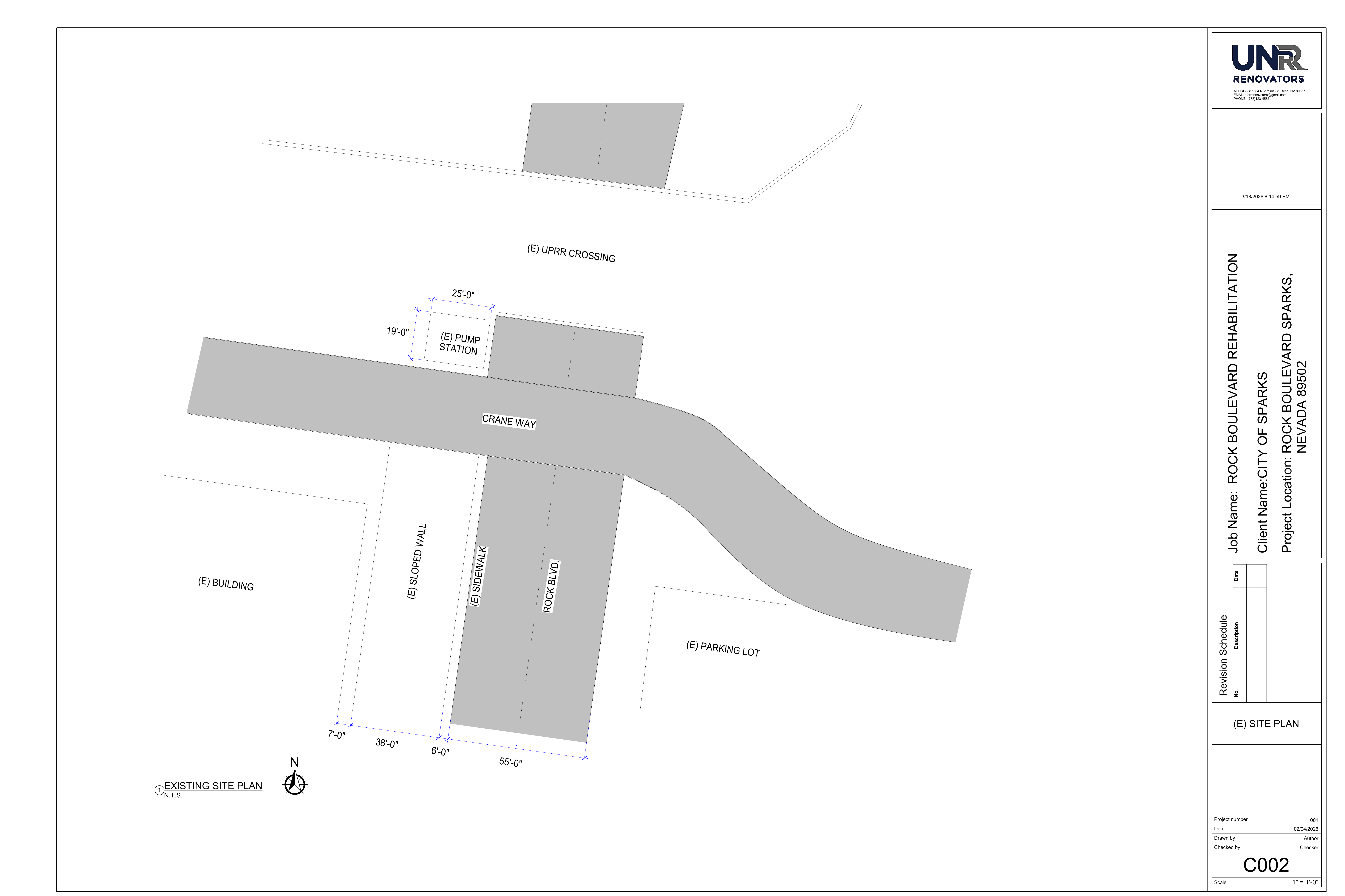 C002 - Existing Site Plan showing Rock Blvd, UPRR Crossing, Sloped Wall, and Pump Station