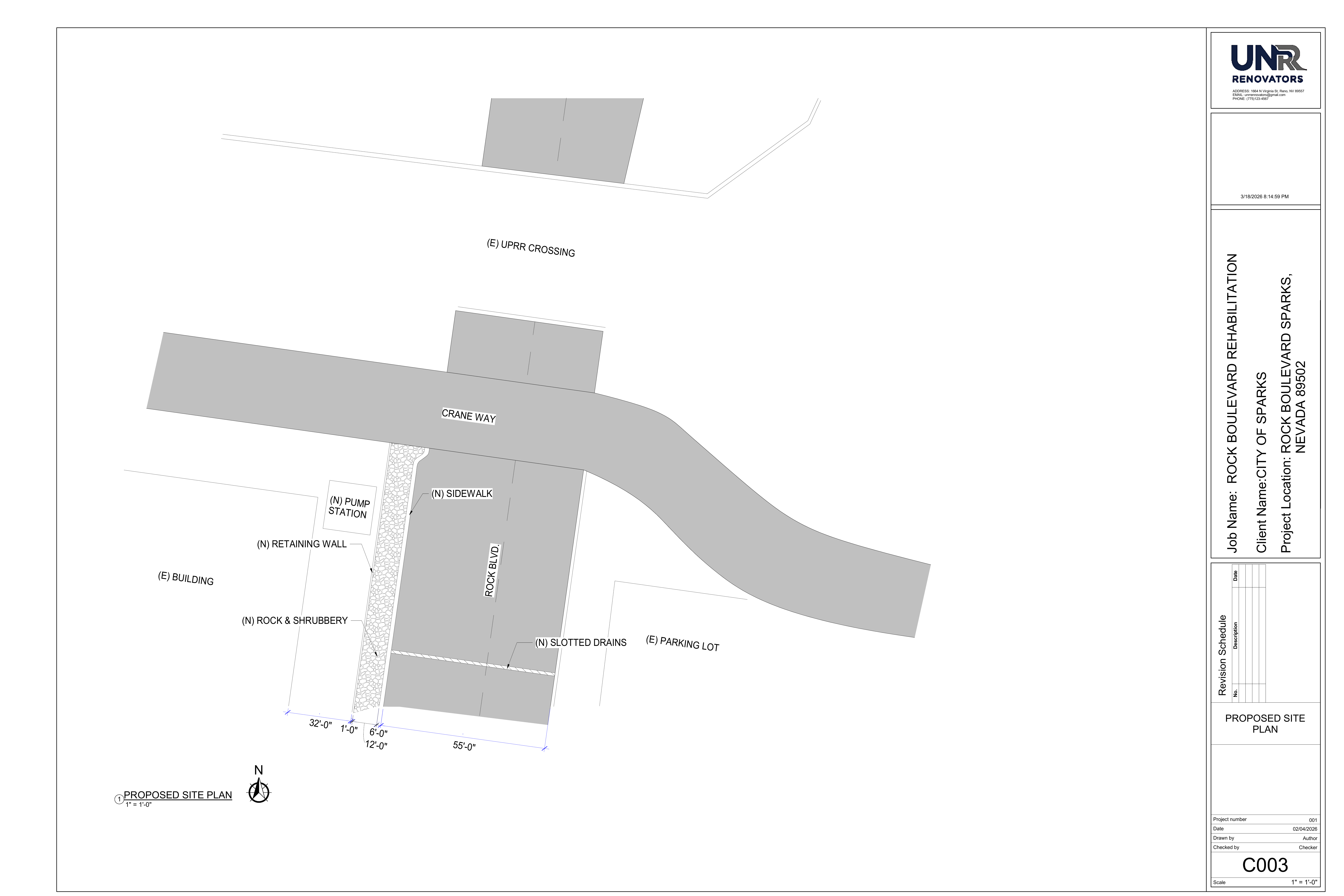 C003 - Proposed Site Plan showing new retaining wall, pump station, slotted drains, sidewalk, and rock & shrubbery