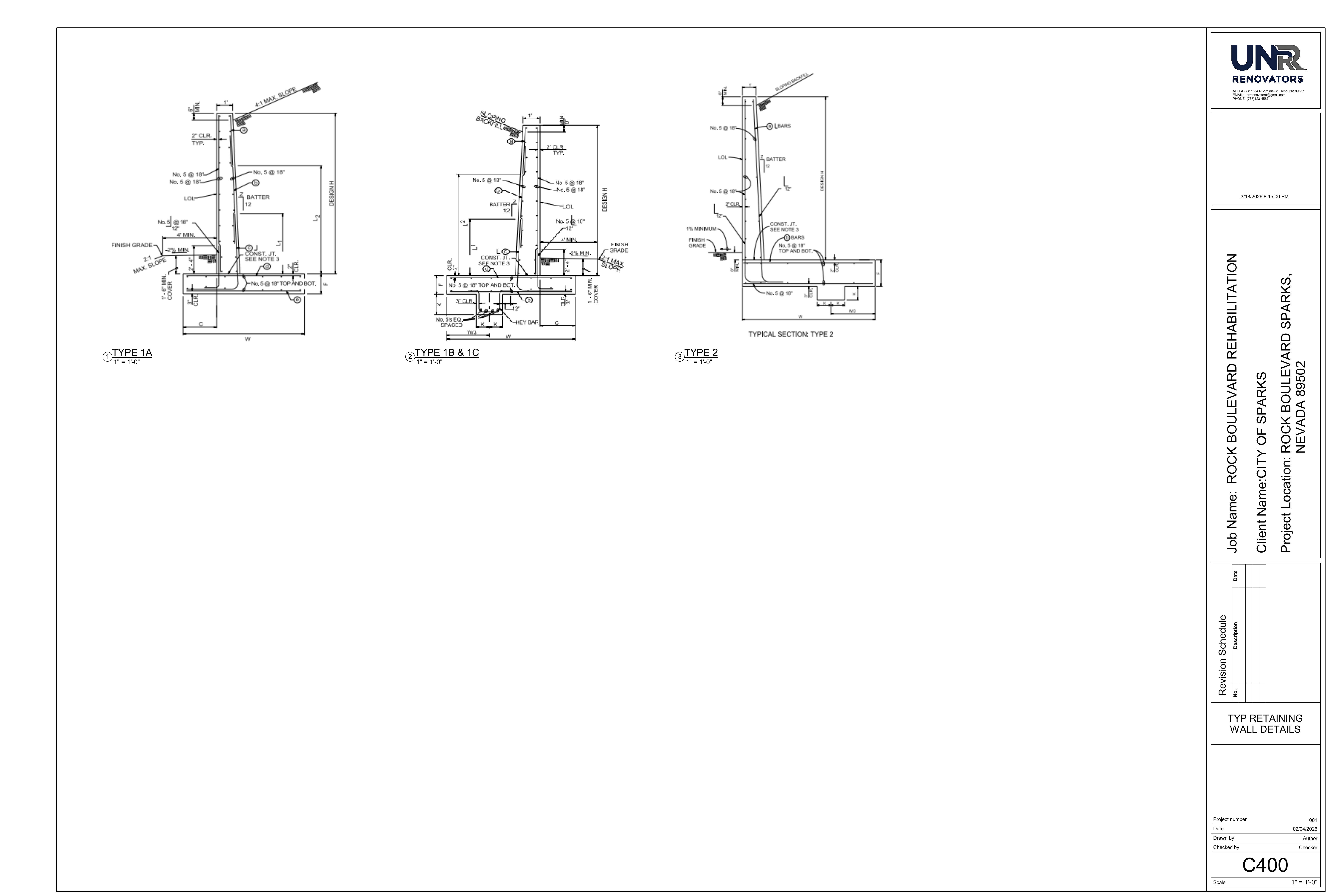 C400 - Typical Retaining Wall Details showing Type 1A, Type 1B/1C, and Type 2 cross sections